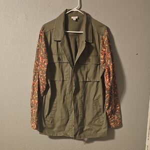 LuLaRoe Green Utility Jacket with Patterned Sleeves